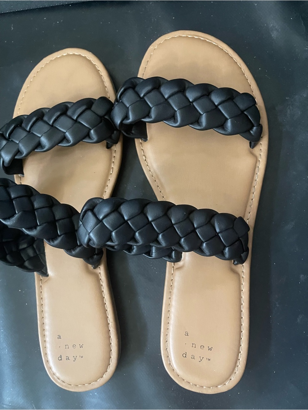 a new day Black Braided Straps Tan Footbed Slide Sandals